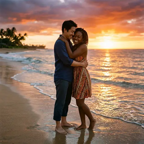 Intimate Sunset Moment: Asian Man Hugging Black Woman on Beach