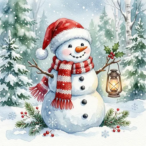 Cute Watercolor Snowman in Santa Hat Illustration