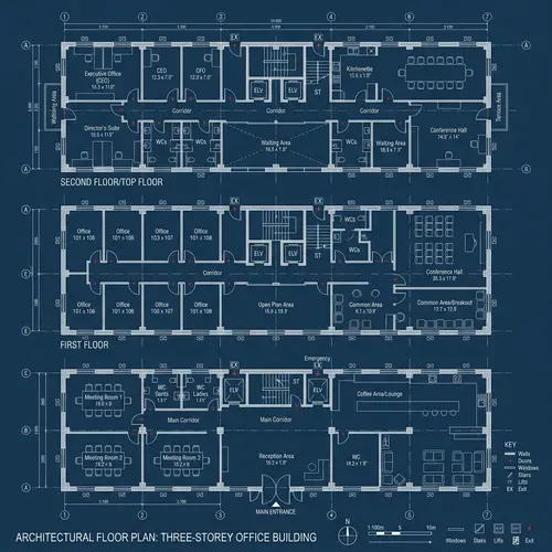 3 Storey Office Floor Plan with Distinct Rooms