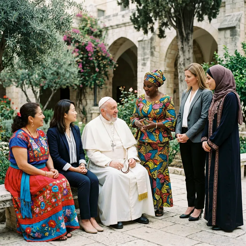 Pope Francis Surrounded by Diverse International Women