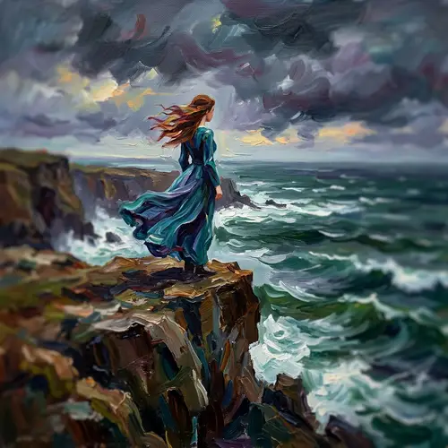 Impressionist Style Portrait: Woman on Cliff Overlooking Stormy Sea