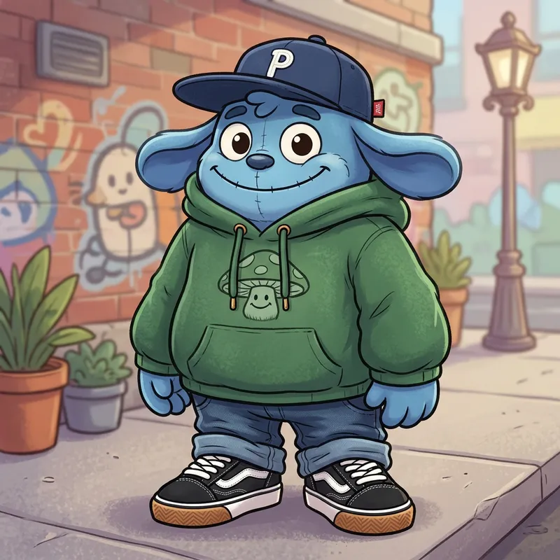 Charming Kikorik Cartoon Character in New Balance Sneakers and Streetwear Ensemble