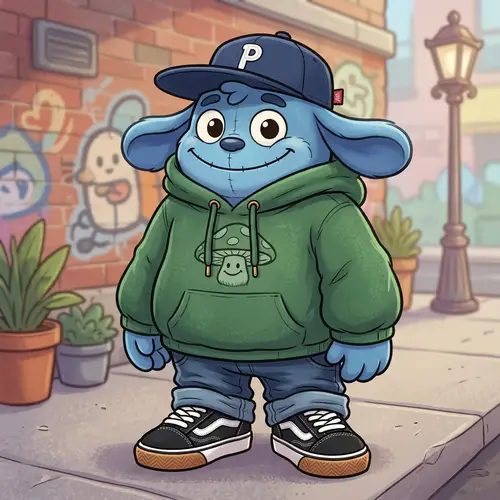 Whimsical Kikorik Character in New Balance Sneakers and Streetwear Ensemble