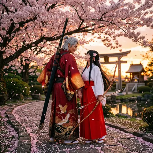 Inuyasha and Kikyo: Traditional Japanese Couple Under Cherry Blossom Tree