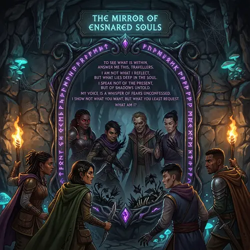 Sinister Reflections: Enchanted Mirror in Dark Cave for Fantasy RPG Adventure