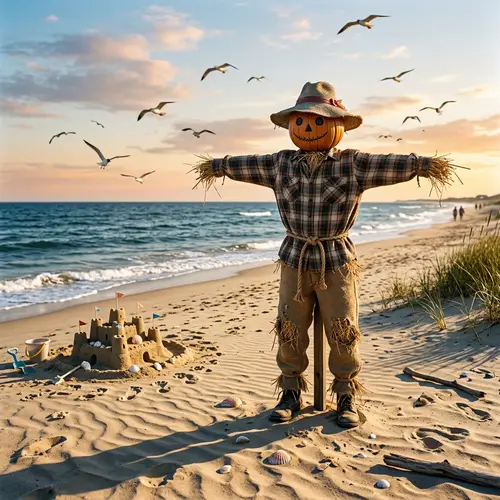 Scarecrow on Beach: Serene Field Agriculture & Beach Relaxation