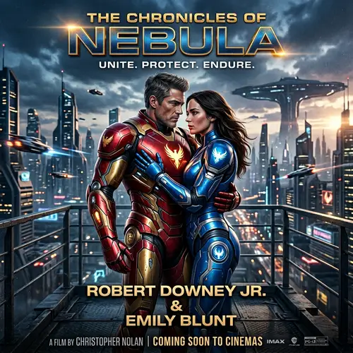 Iron Man Movie Poster: Tony Stark in Red and Gold Armor Embracing Woman in Blue Suit
