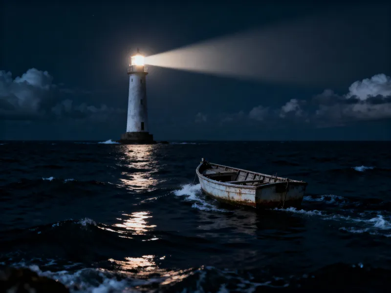 Lonely Boat in the Dark Sea with Lighthouse