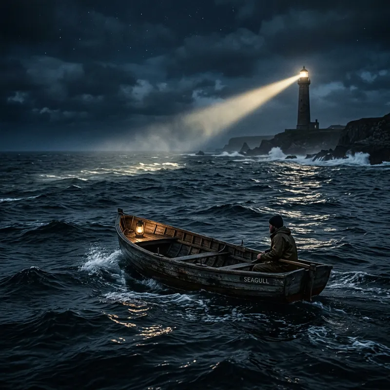 Lonely Boat in the Dark Sea with Lighthouse