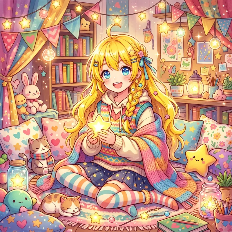 Anime Cute Girl with Yellow Hair in Enchanting Setting Anime Cute Girl with Yellow Hair in Enchanting Setting