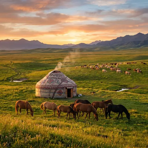 Kazakh Yurt in the Scenic Steppe Landscape