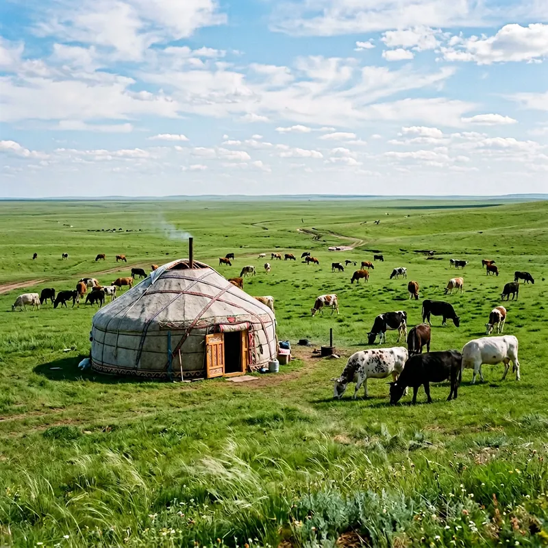 Kazakh Yurt and Cows in the Steppe Landscape
