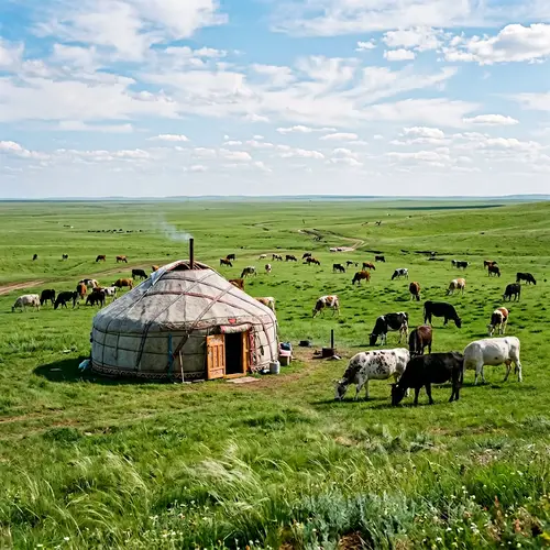 Kazakh Yurt and Cows in the Steppe Landscape