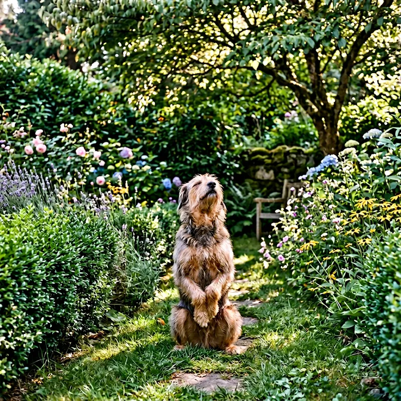 Cartoon Dog Meditating in Tranquil Garden Scene