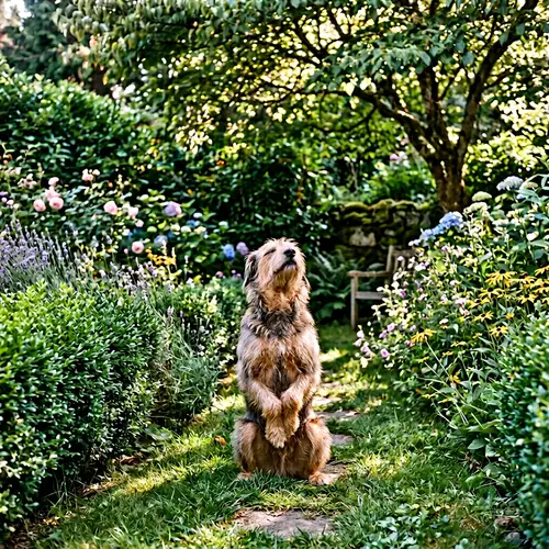 Tranquil Garden Scene with Meditating Dog