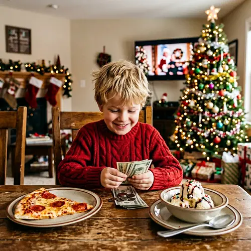 Young Boy Counting Money with Ice Cream and Pizza | Festive Scene