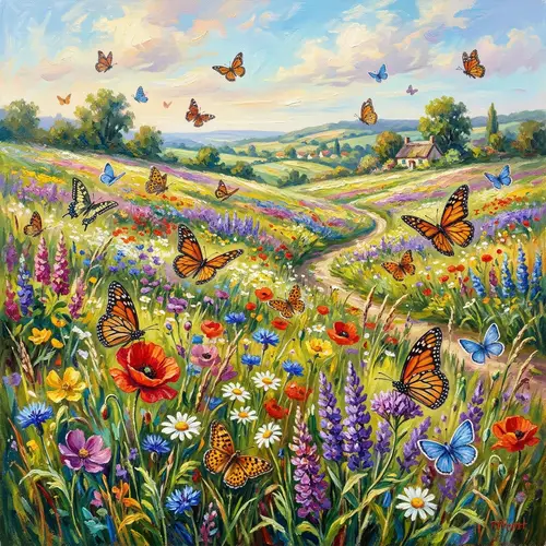 Vibrant Flower Field with Butterflies Art