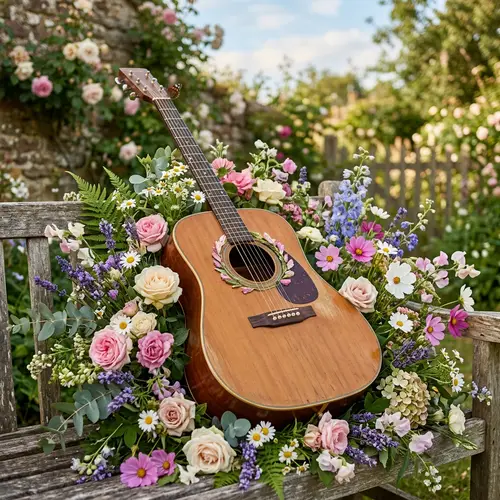 Beautiful Acoustic Guitar Surrounded by Flowers