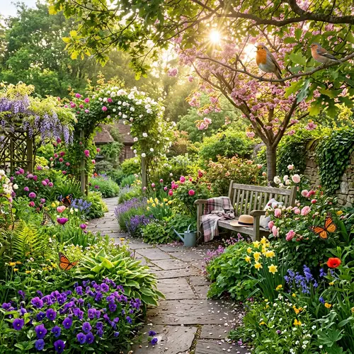 Enchanting Spring Garden with Vibrant Flowers and Butterflies