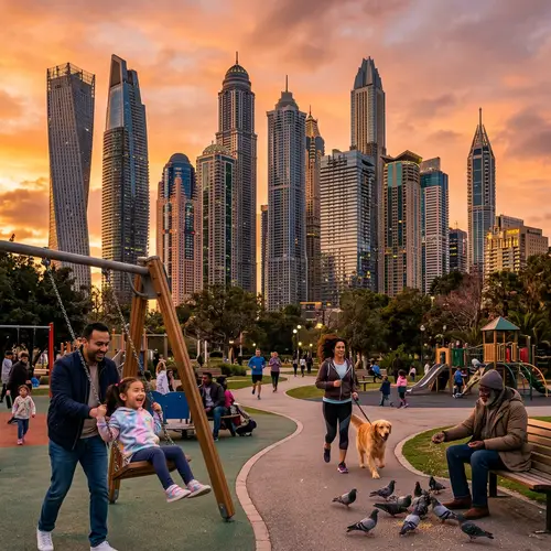 Futuristic Cityscape at Sunset: Urban Life Diversity