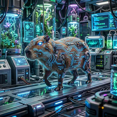 Tech-Infused Capybara in Futuristic Setting