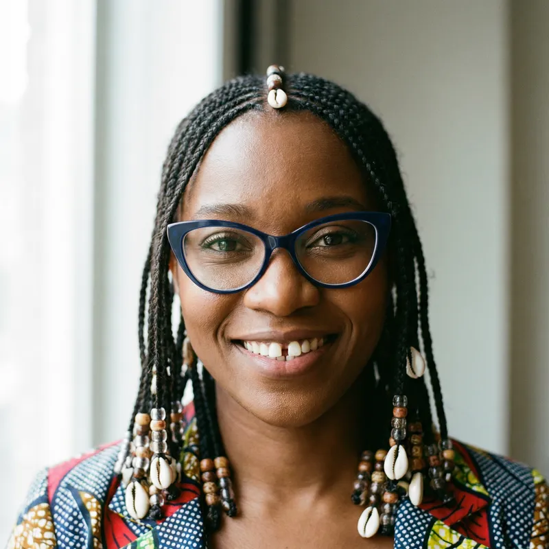 Portrait of a Black Woman with Almond-shaped Eyes, Braided Hair, and Unique Features