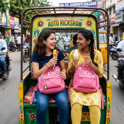 Joyful Auto Rickshaw Journey to Education Institute with Pink Bags and Ice Creams