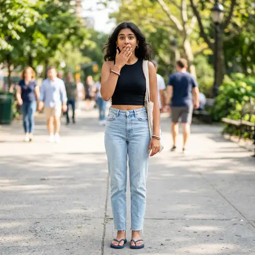 Trendy Girl in Crop Top, Jeans, and Flip Flops
