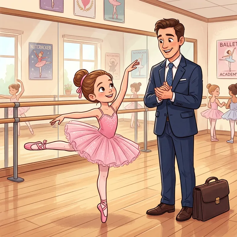 Cartoon Ballet Dancer Girl with Proud Office Dad