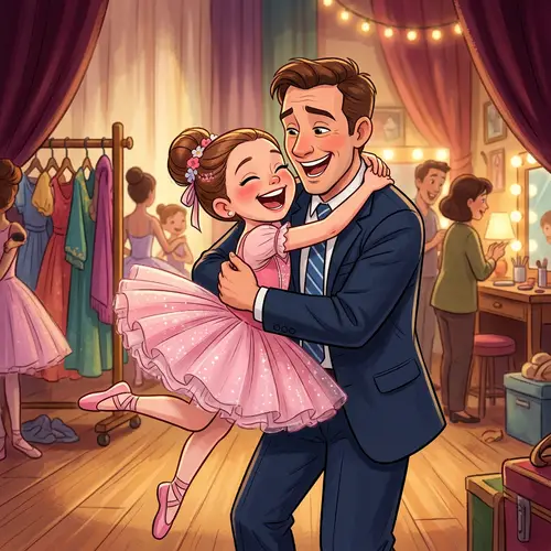 Animated Disney-style Ballerina Girl and Office Dad Embrace