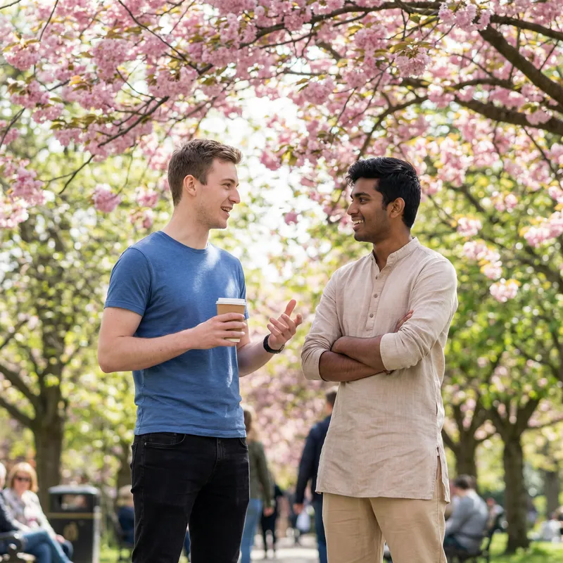 Young Men Having A Discussion Under Cherry Blossom Tree