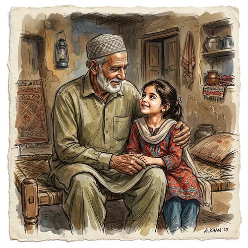 Old Pakistani Father and Daughter Sketch Art