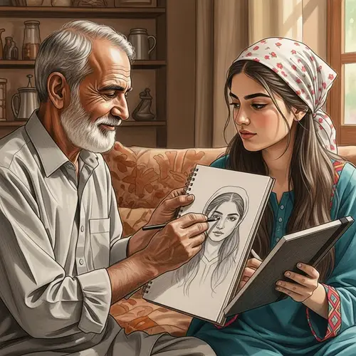 Old Pakistani Father and Daughter Sketch Art