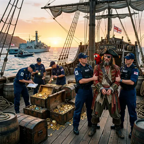 Pirate Apprehended by Maritime Forces with Treasure Chests
