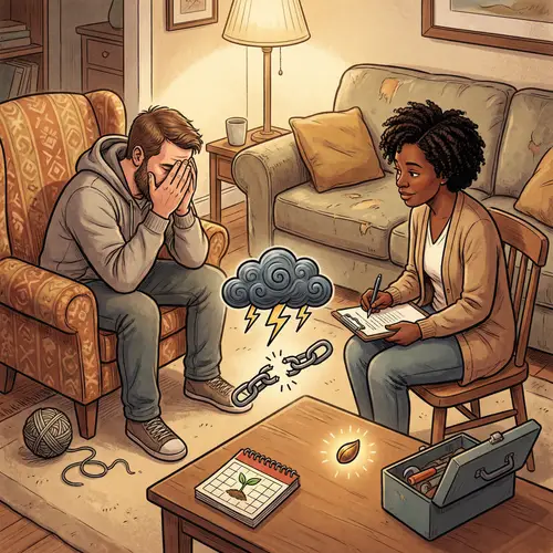 Mental Health Support: Home Visit Illustration with Qualified Professional