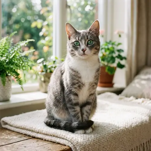 Glossy Grey and White Domestic Cat with Emerald Eyes