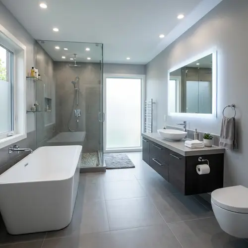 Modern Bathroom Design: Sleek Tiles, Glass Shower & Ceramic Bathtub
