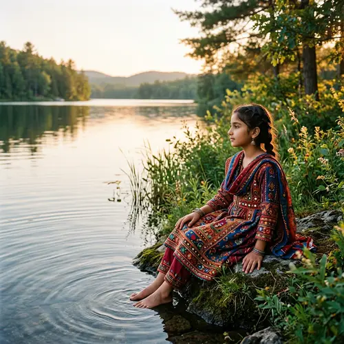 Young Pakistani Girl in Traditional Dress by Serene Lake