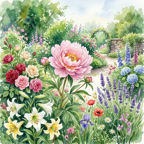 Watercolor Painting of Lush Garden with Peony and Colorful Flowers