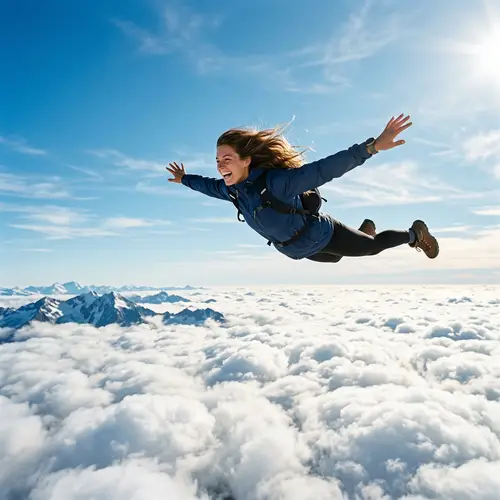 Woman Flying Over Clouds - Amazing Sky Adventure