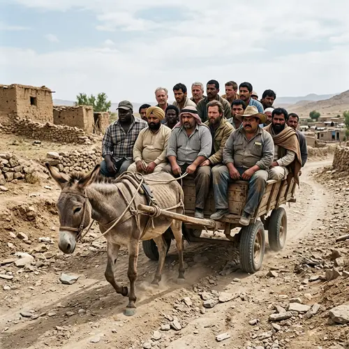 Slender Donkey Pulling Compactly Loaded Cart on Rugged Road