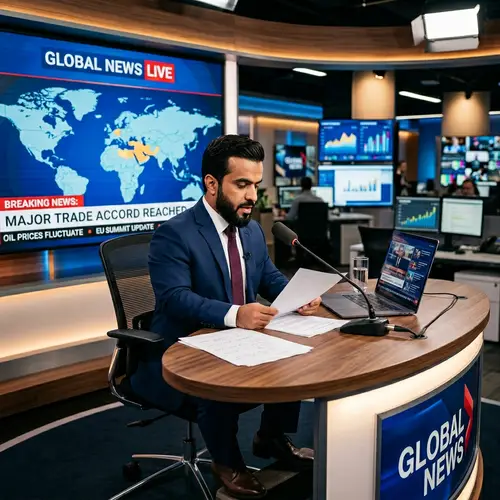 Middle-Eastern Male Dwarf Newscaster in Modern Newsroom Studio
