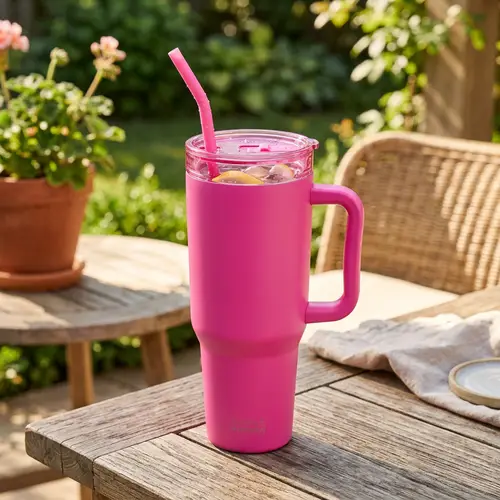 Stylish Pink Tumbler Cup with Handle, Lid, and Straw