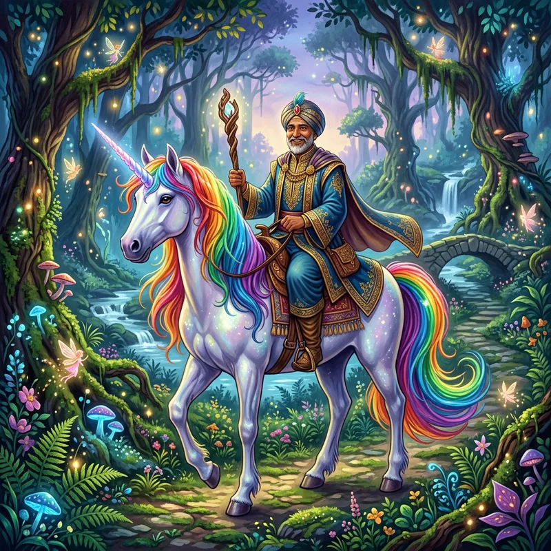 Rainbow-Maned Unicorn and Wizard in Enchanted Forest