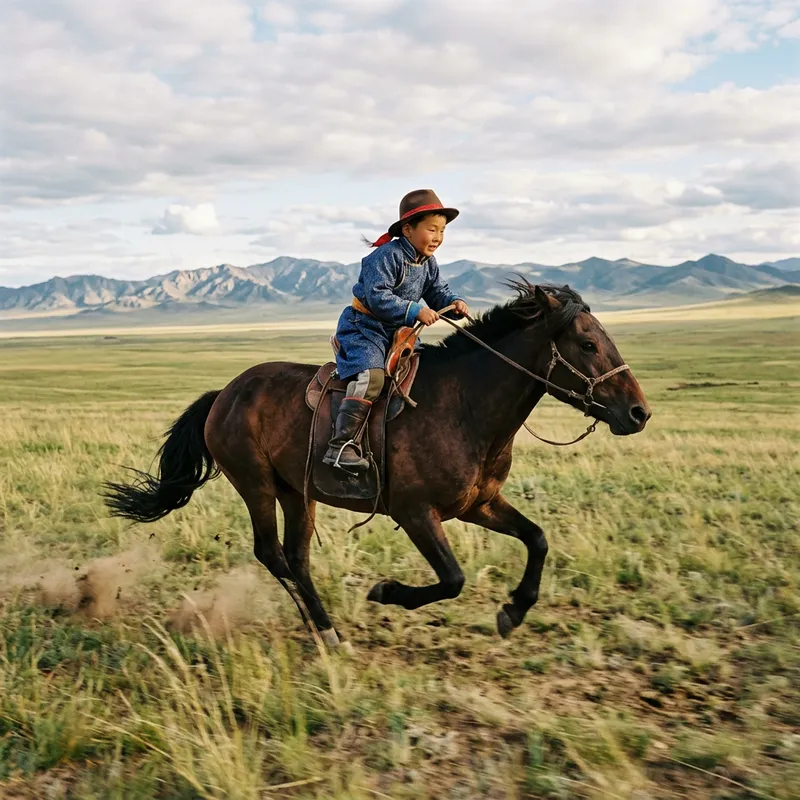Asian Boy Riding Horse Galloping on Grassland