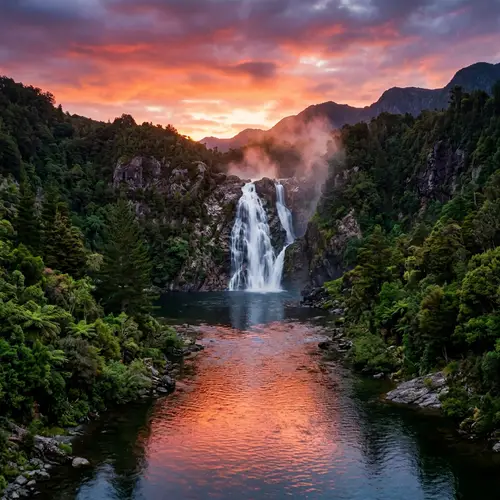 Majestic Waterfall at Twilight | Tranquil River Sunset View