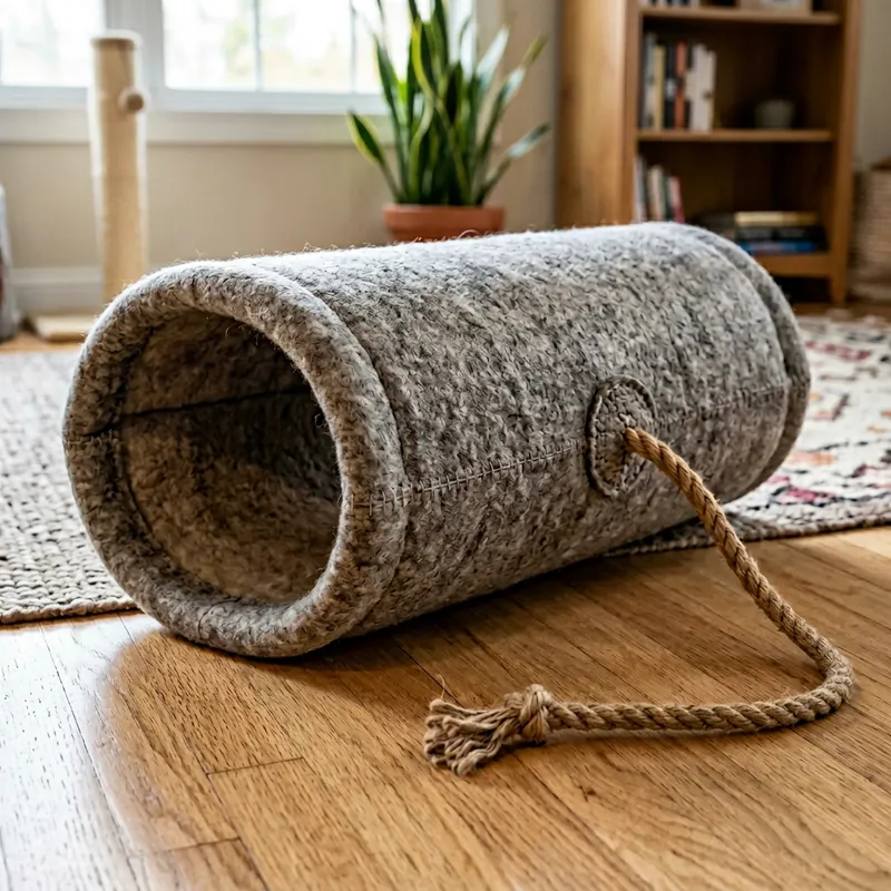 Elliptical Cat Tunnel with Felt Material and Rope Attachment