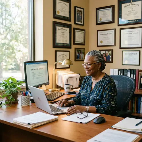 Elderly Black Woman Smiling at Office Desk | Wisdom & Warmth