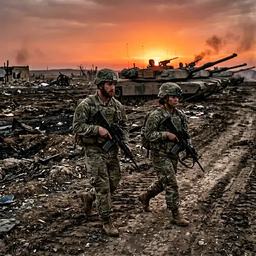 Dedicated Soldiers in Battle-Scarred Field at Sunset
