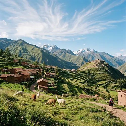 Tranquil Peruvian Landscape: Mountains, Terracotta Houses & Alpacas